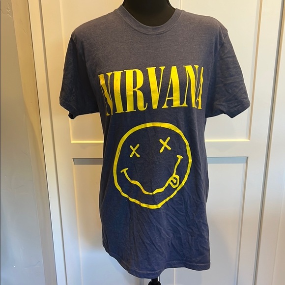Vintage NIRVANA Navy Blue Tee with Yellow Graphic L - Picture 2 of 4